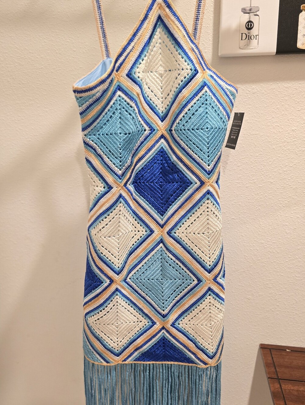 Boston Proper Midi Blue & Cream Crochet Dress with Fringe - Picture 10 of 13